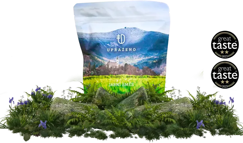 JARNÍ SMĚS obal na pozadí zelené krajiny a ocenění great taste